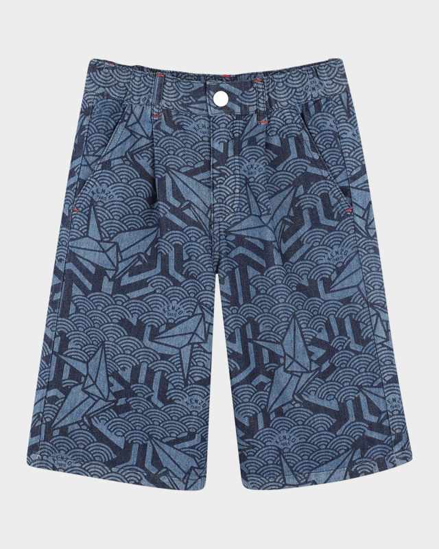 Boy's Printed Denim Shorts W/ Logo Badge, Size 2-